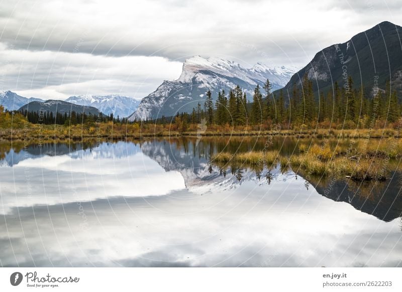 Symmetry | Mountains reflected in the lake in autumn and with overcast skies with many clouds Canada banff Banff National Park Vermilion Lakes Mount Rundle