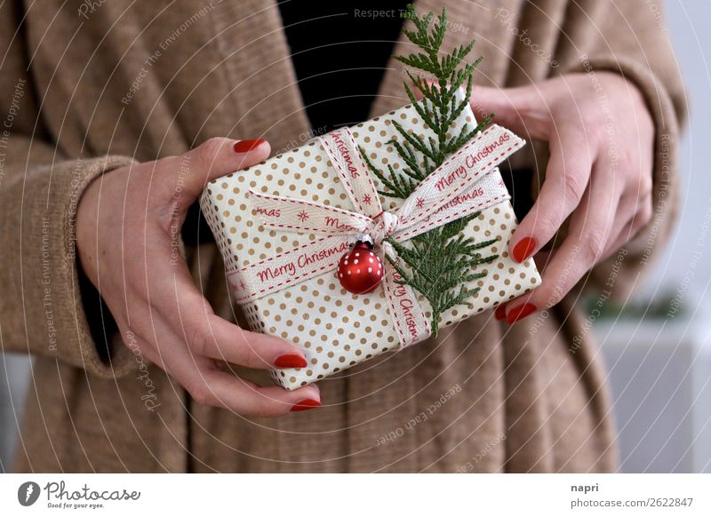 Women's hands holding Christmas parcels I Christmas & Advent Bow Package Anticipation Together Idea Trade Gift Merry Christmas Hand To hold on Glitter Ball Red