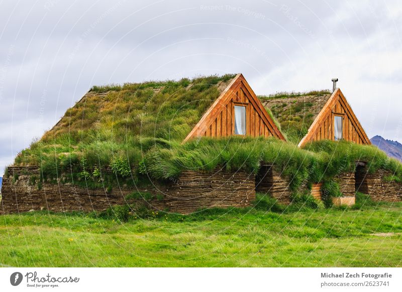 two green houses with gras roof in iceland in summer House (Residential Structure) Grass Meadow Rock Hut Building Architecture Roof Wood Green agriculture