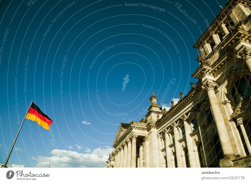 Reichstag Architecture Berlin Germany German Flag Worm's-eye view Capital city Sky Heaven Downtown Downtown Berlin Parliament Government Seat of government