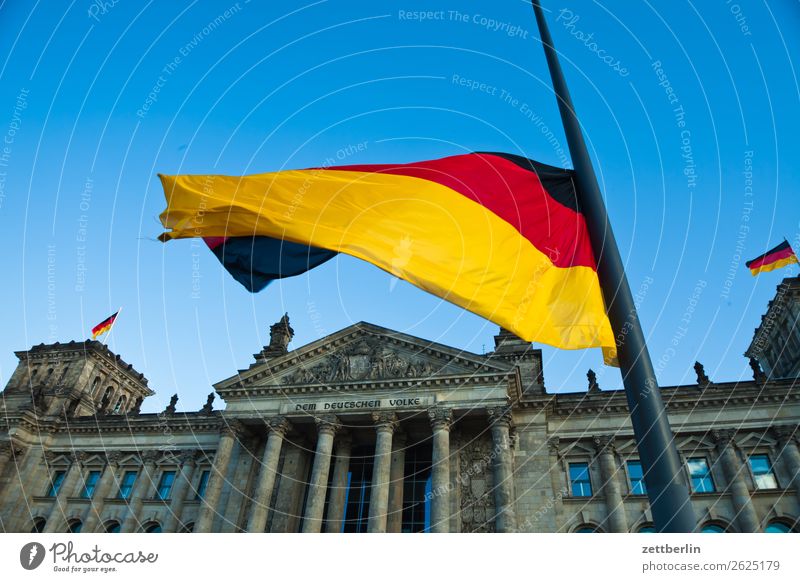 Flag again Architecture Berlin Reichstag Germany German Flag Worm's-eye view Capital city Sky Heaven Downtown Berlin Parliament Government Seat of government