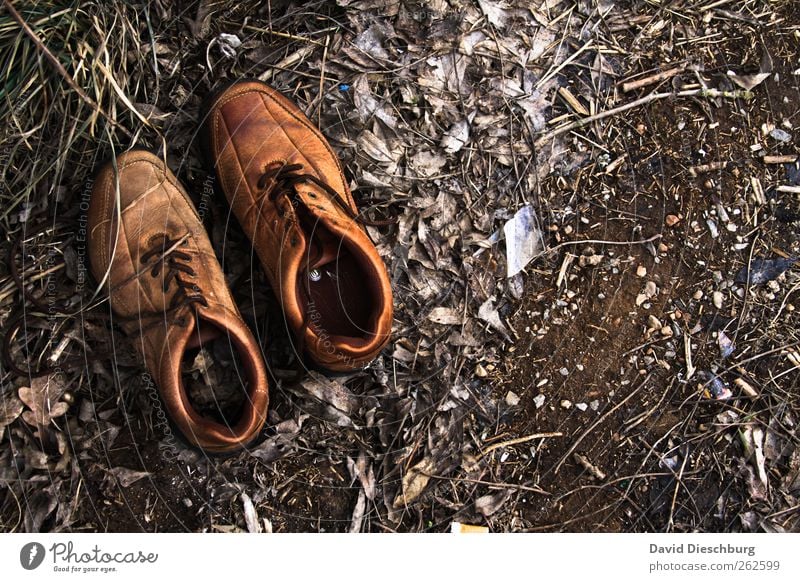 Shoes of the barefoot hunter Leather Footwear Brown Shoelace Discovery Ground Earth Old Leather shoes Calm Still Life In pairs Colour photo Exterior shot