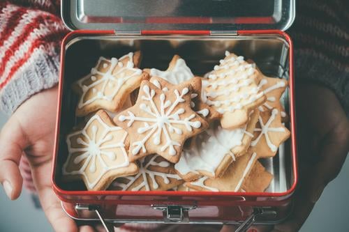 Christmas cookies in a kid lunch box Dessert Lunch Decoration Christmas & Advent Child Hand Group Tree Metal Delicious Brown Tradition Cookie one people Icing