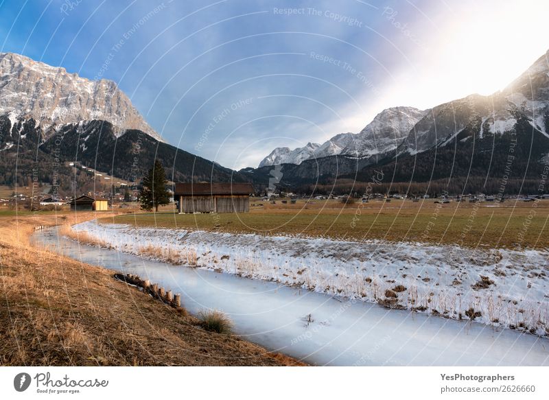 Snow-capped mountains and frozen river Vacation & Travel Winter Mountain Nature Landscape Weather Meadow Alps Peak River Village Hut White Alpine Austria