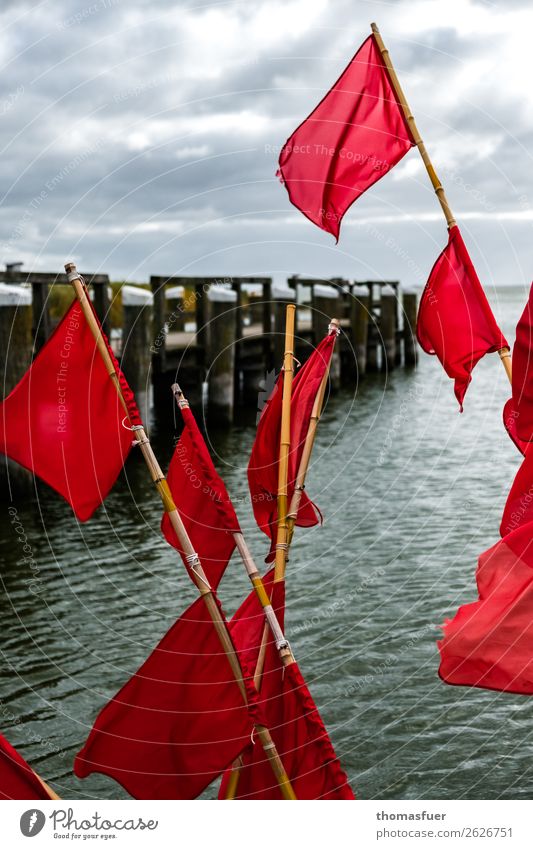 Fishing flags Vacation & Travel Trip Ocean Fisherman Fishery Sky Clouds Horizon Bad weather Wind Coast Fishing village Fishing boat Harbour Fischer flag Near