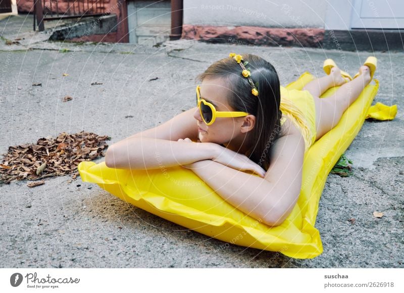 want to have the summer back III Summer Autumn Leaf Longing Vacation & Travel Swimming & Bathing Air mattress Yellow Sunglasses Child Girl Youth (Young adults)