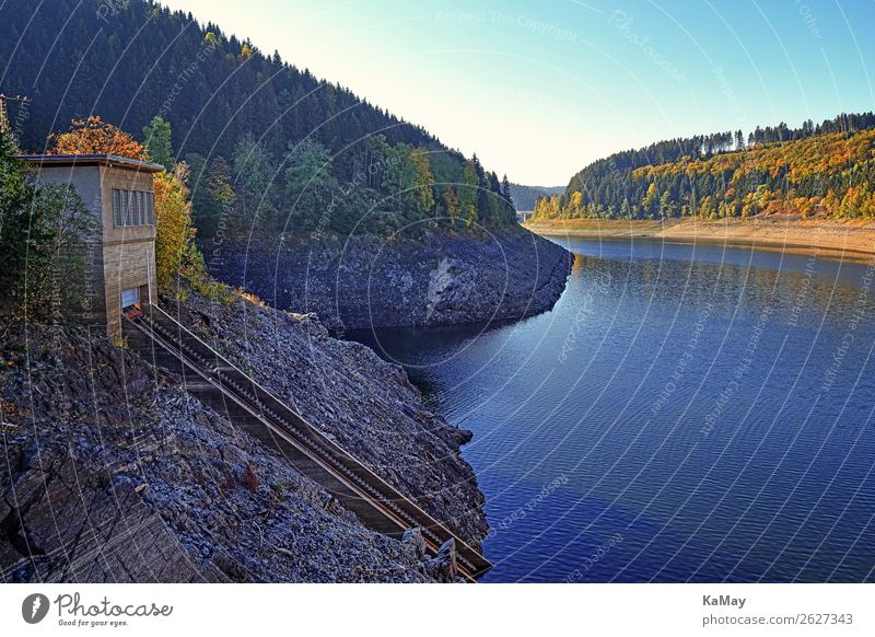 Okerstausee in autumn Energy industry Hydroelectric  power plant Environment Nature Landscape Water Sunlight Autumn Beautiful weather Forest Mountain Harz Lake