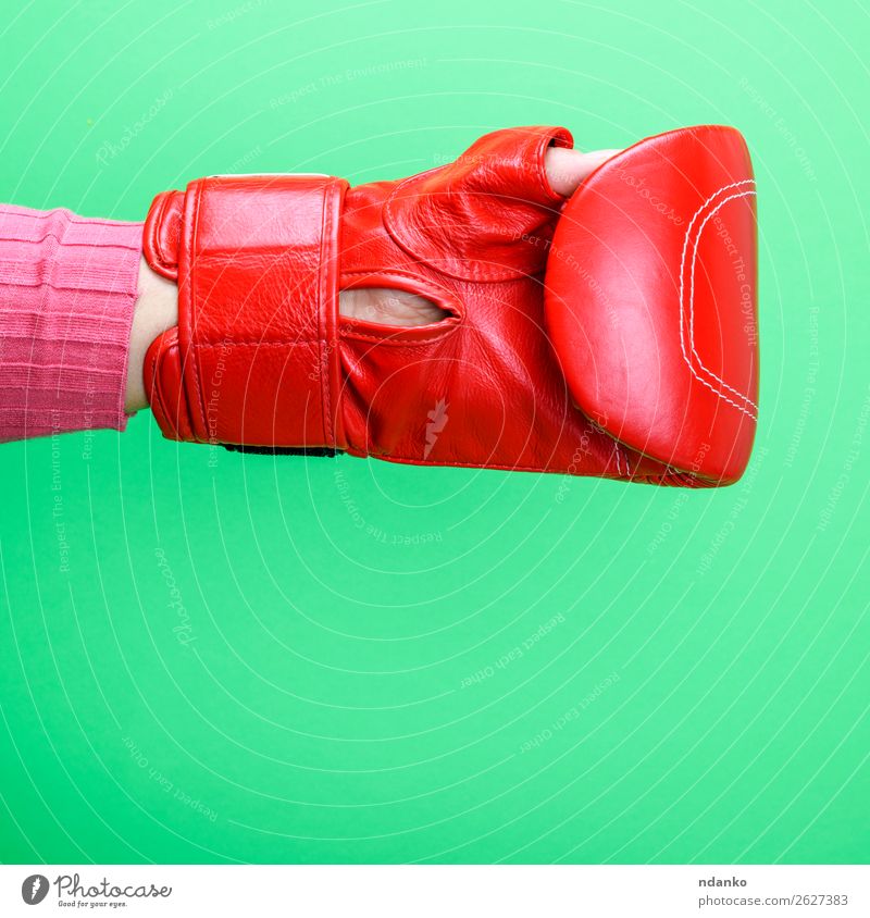 hand is wearing a red leather boxing glove on a green background Sports Woman Adults Hand Leather Gloves Fitness Green Red Protection Colour Competition
