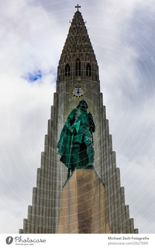 statue of Lief Erikson in front of the Hallgrimskirkja church Beautiful Vacation & Travel Tourism Trip Clock Nature Sky Downtown Church Building Architecture