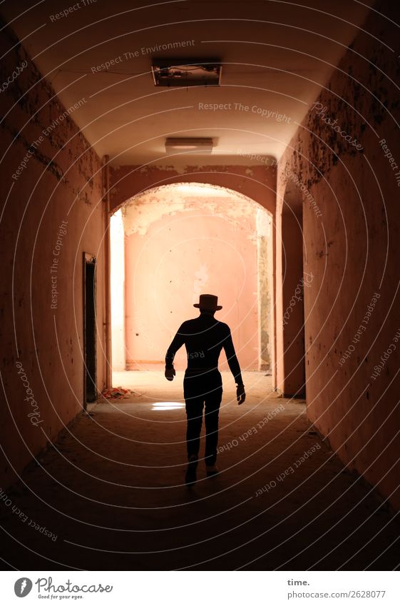 Lost Place Walking Hallway Masculine Man Adults 1 Human being Ruin Architecture lost places Wall (barrier) Wall (building) Door Hat Going Dark Historic Muscular