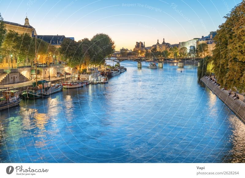 Paris at night - sunset over Seine river Lifestyle Vacation & Travel Tourism Trip Sightseeing City trip Cruise Summer Summer vacation House building Night life
