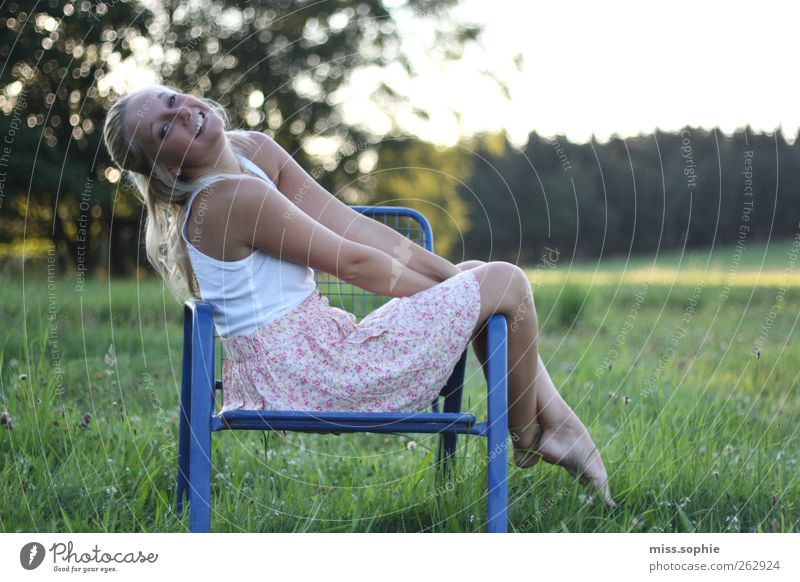 connoisseur. Young woman Youth (Young adults) Body Sun Summer Beautiful weather Meadow Skirt Blonde Long-haired Relaxation To enjoy Smiling Illuminate Happiness