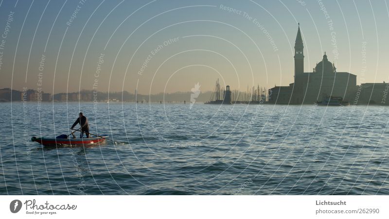 San Giorgio in the morning haze Rowing Vacation & Travel Tourism Watercraft Lagoon Rower Man Adults 1 Human being Cloudless sky Waves Venice