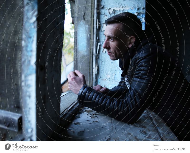 other window other thoughts Masculine Man Adults 1 Human being Ruin Wall (barrier) Wall (building) Window Window board Jacket Brunette Short-haired Observe
