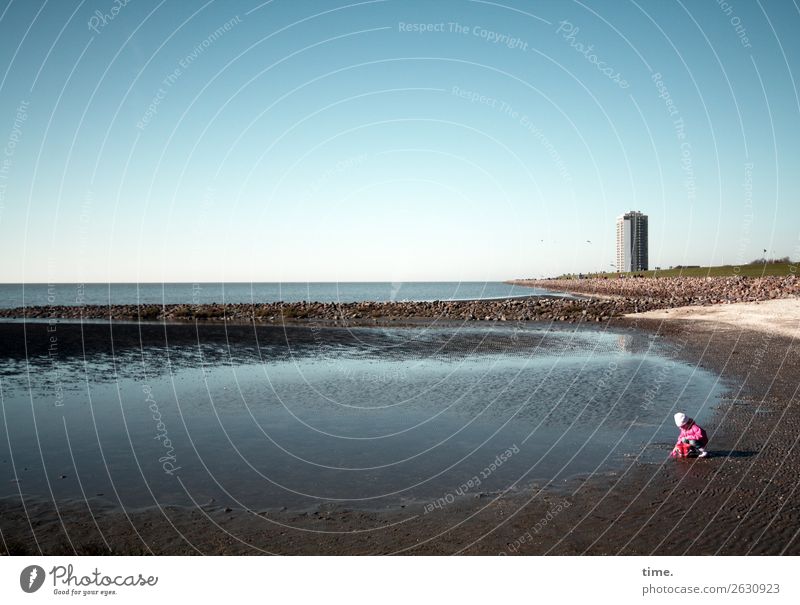 soil sample Toddler 1 Human being Crowd of people Environment Sand Water Horizon Beautiful weather Coast Beach North Sea High-rise Stone Observe Discover Crouch