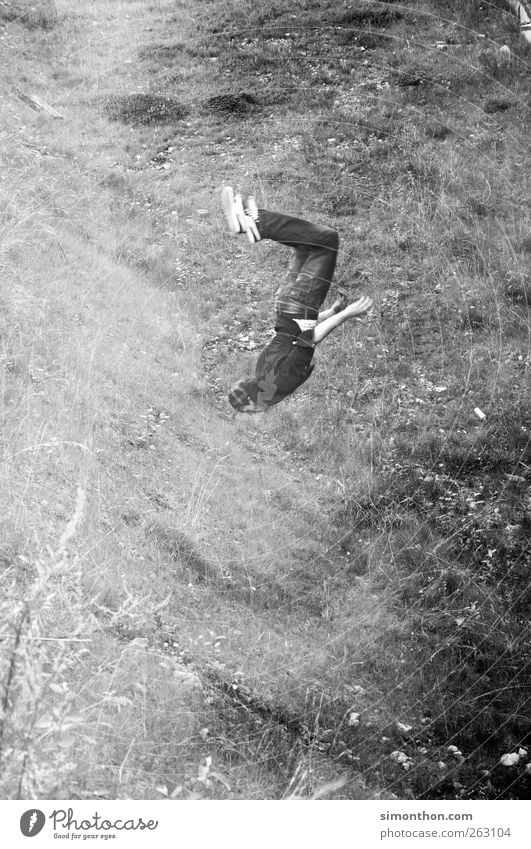 jump and run 1 Human being Jump Salto Meadow Parkour To fall Hover Speed Black & white photo Flying Full-length Rotate Somersault Make Athletic Movement