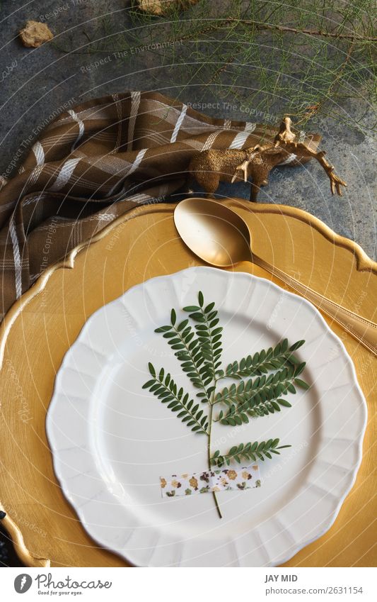 Holiday Gold place setting napkin brown plaid grunge background Dinner Plate Winter Decoration Table Restaurant Thanksgiving Christmas & Advent New Year's Eve