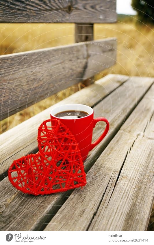A cup of coffee and a heart in a wooden bench Breakfast Beverage Hot drink Coffee Tea Cup Mug Lifestyle Style Design Beautiful weather Wood Heart Fresh Healthy