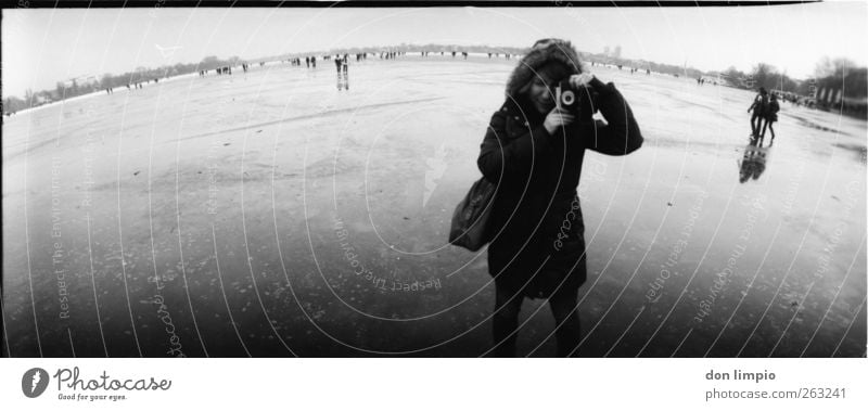 Take a picture of me. Winter Ice Frost River Alster Cold Black White Moody Human being Young woman Analog Take a photo Camera Black & white photo Exterior shot