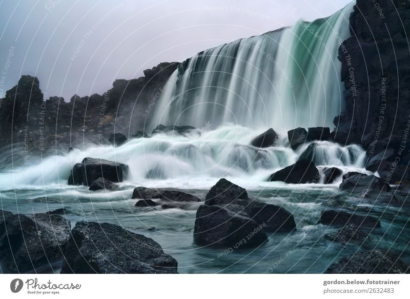 # Iceland, hydropower Nature Landscape Plant Elements Air Water Sky Summer Rock Stone Movement Fantastic Gigantic Blue Gray Black White Joie de vivre (Vitality)