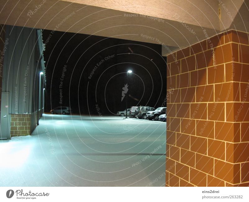 into the night Winter Weather Ice Frost Snow Town Deserted Factory Architecture Wall (barrier) Wall (building) Facade Door Parking Car Stone Brick Observe