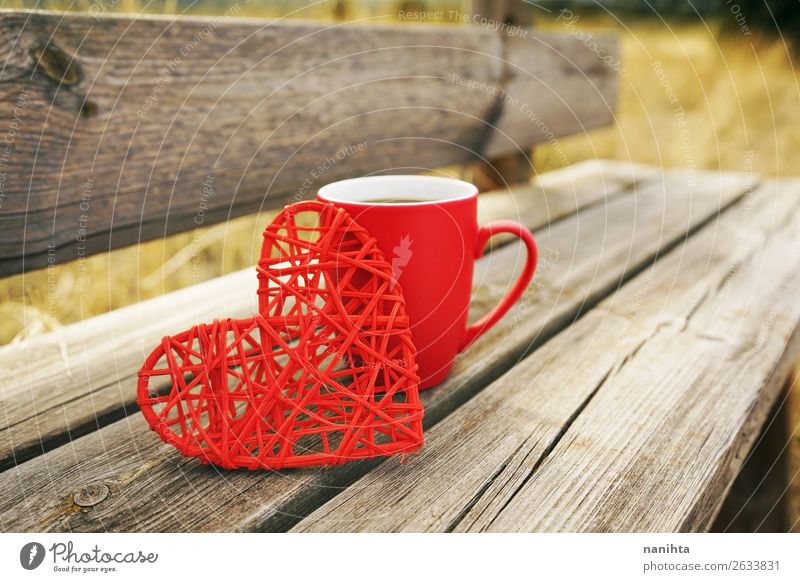 Red mug with coffee in a wooden bench outdoors in the morning Breakfast Beverage Hot drink Coffee Tea Cup Mug Winter Autumn Warmth Wood Heart Fresh Healthy