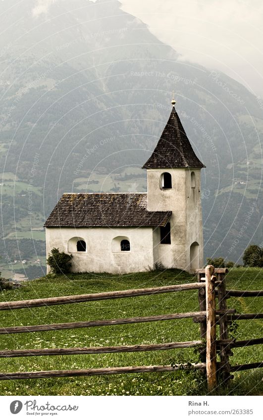 Little church on hill II Environment Nature Landscape Summer Bad weather Fog Meadow Hill Mountain Meran Federal State of Tyrol South Tyrol Church Old Brown
