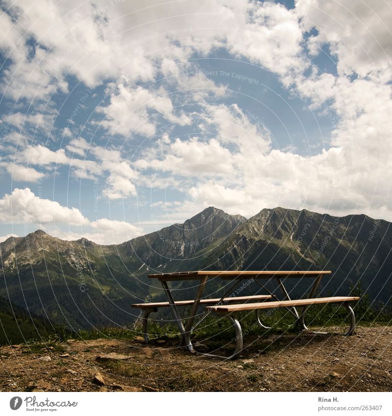 On the Abyss Vacation & Travel Tourism Nature Landscape Clouds Horizon Summer Beautiful weather Mountain Peak South Tyrol Italy Meran Loneliness Bench Table