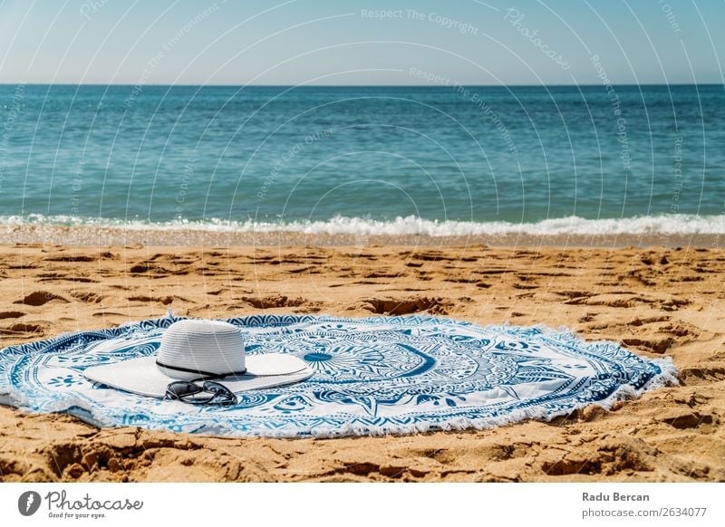 Round Beach Towel, Hat And Sunglasses In Summer Holiday Lifestyle Elegant Style Relaxation Leisure and hobbies Vacation & Travel Tourism Freedom Summer vacation