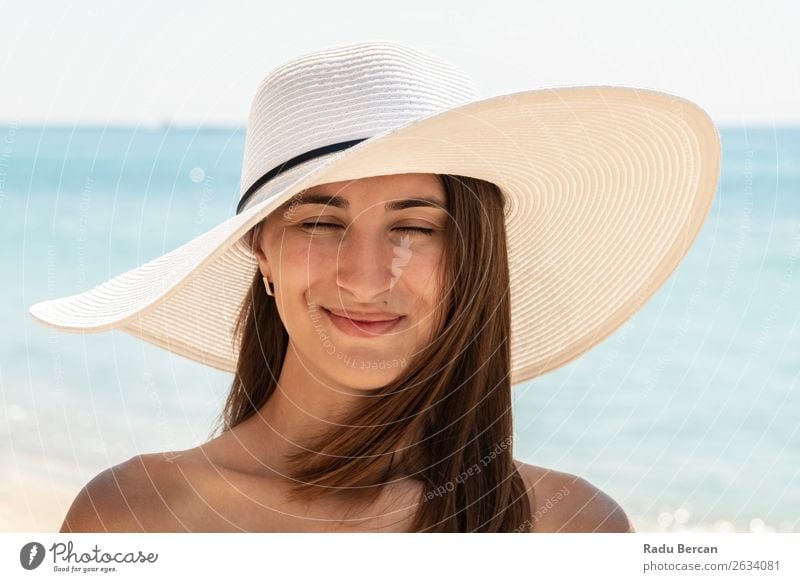 Young Woman Portrait With White Beach Hat Summer Youth (Young adults) Girl Fashion Ocean Beautiful Vacation & Travel Beauty Photography Lifestyle