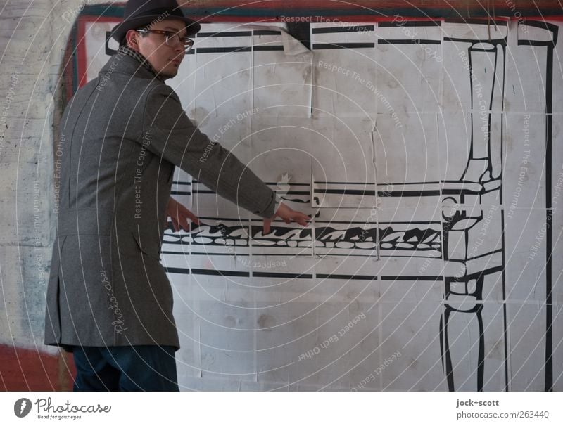 Air Piano (Swing) Subculture Street art Musician Wall (building) Coat Eyeglasses Hat Decoration Funny Creativity Pantomimist Imitate Painted Comic Illusion