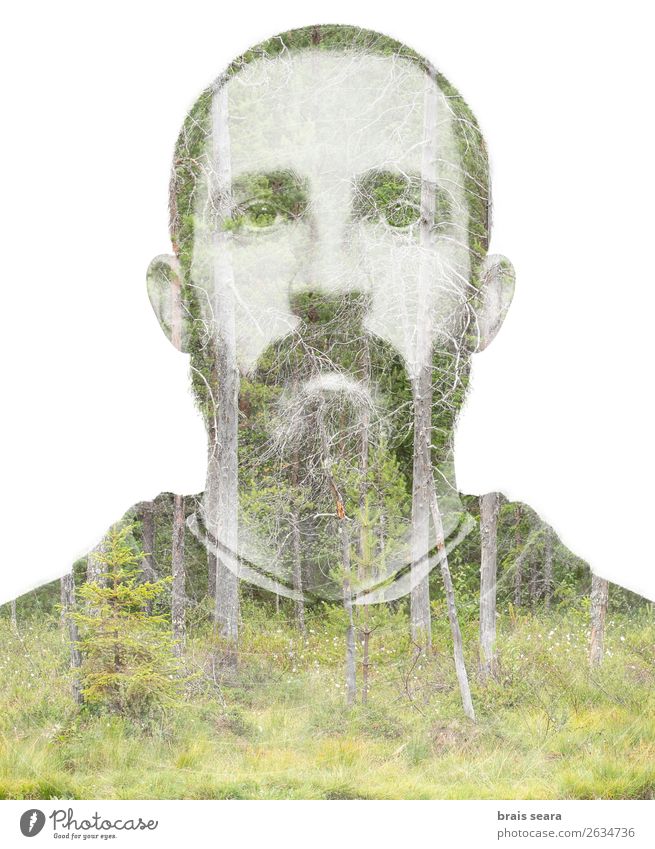 Double exposure portrait of young bearded man and forest. Hair and hairstyles Health care Adventure Freedom Science & Research Masculine Young man