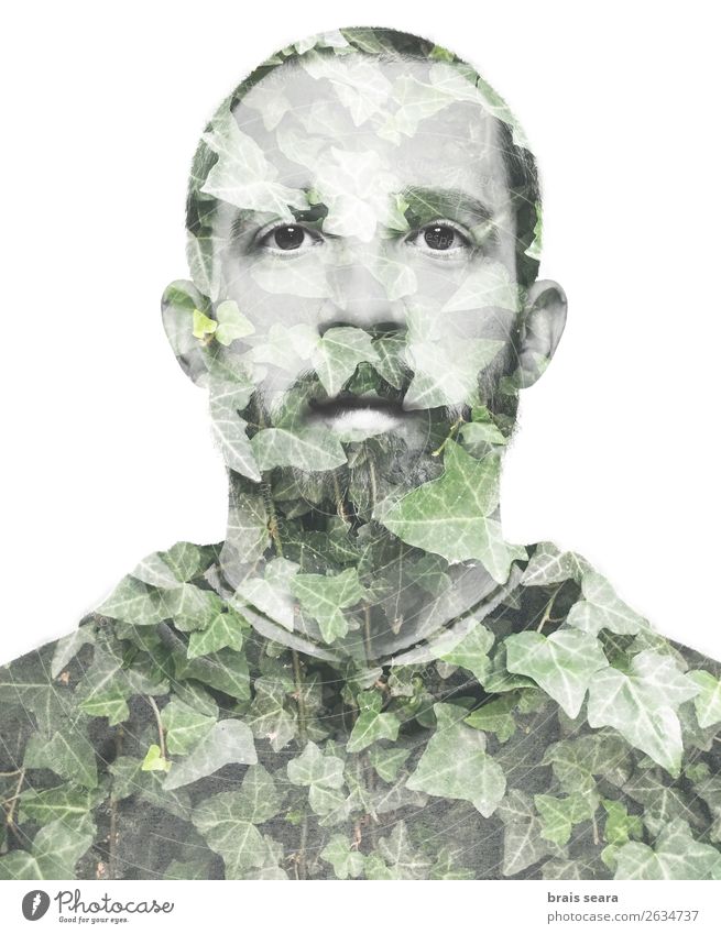 Double exposure portrait of young bearded man and climbing plant Beautiful Face Climbing Mountaineering Business Masculine Young man Youth (Young adults) Man