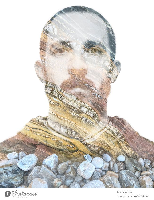 Double exposure portrait of young bearded man and rocks Lifestyle Beautiful Face Healthy Business Masculine Young man Youth (Young adults) Man Adults 1