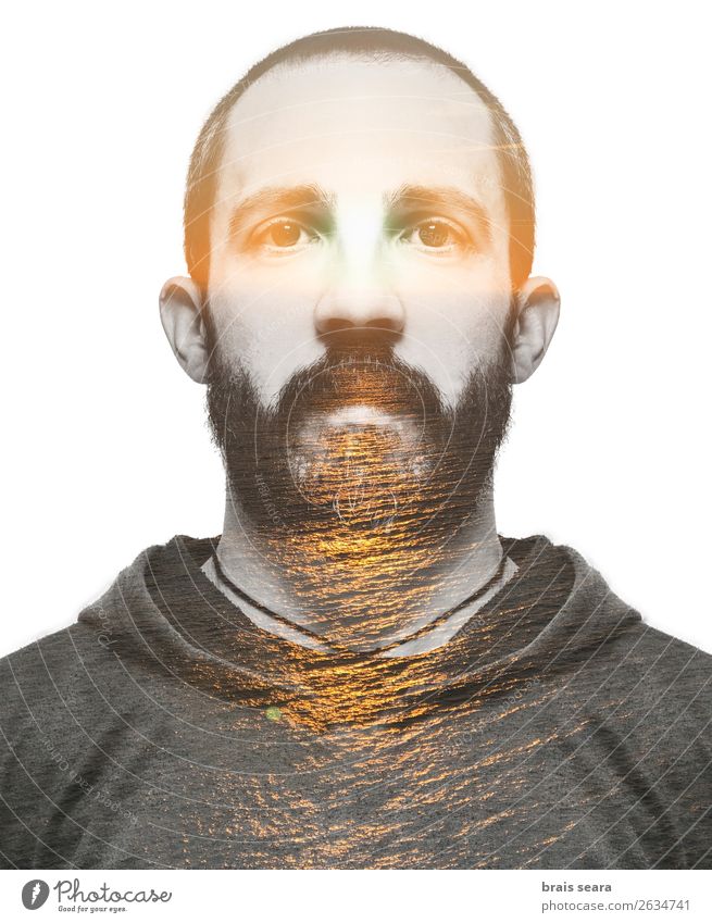 Double exposure portrait of young bearded man and sunset Hair and hairstyles Harmonious Relaxation Spa Vacation & Travel Sun Business Masculine Young man