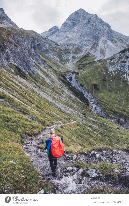 Woman crossing the Alps Leisure and hobbies Vacation & Travel Adventure Hiking Young woman Youth (Young adults) 18 - 30 years Adults Landscape Meadow Rock