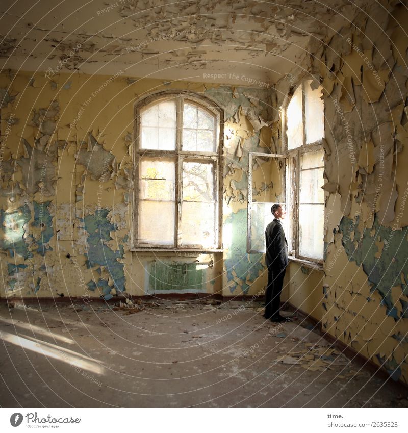 other window, other thoughts Room Masculine Man Adults 1 Human being Ruin Wall (barrier) Wall (building) Window lost places Tourist Attraction Suit Short-haired