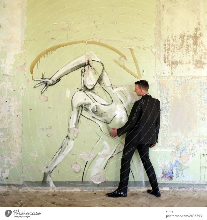 dancing class Masculine Man Adults 1 Human being Art Artist Painting and drawing (object) Actor Ruin Wall (barrier) Wall (building) lost places Suit Brunette