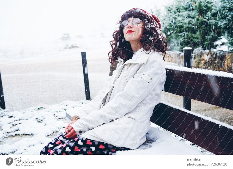 Young woman enjoying a snowy winter day Lifestyle Style Happy Face Leisure and hobbies Freedom Winter Snow Christmas & Advent New Year's Eve Human being