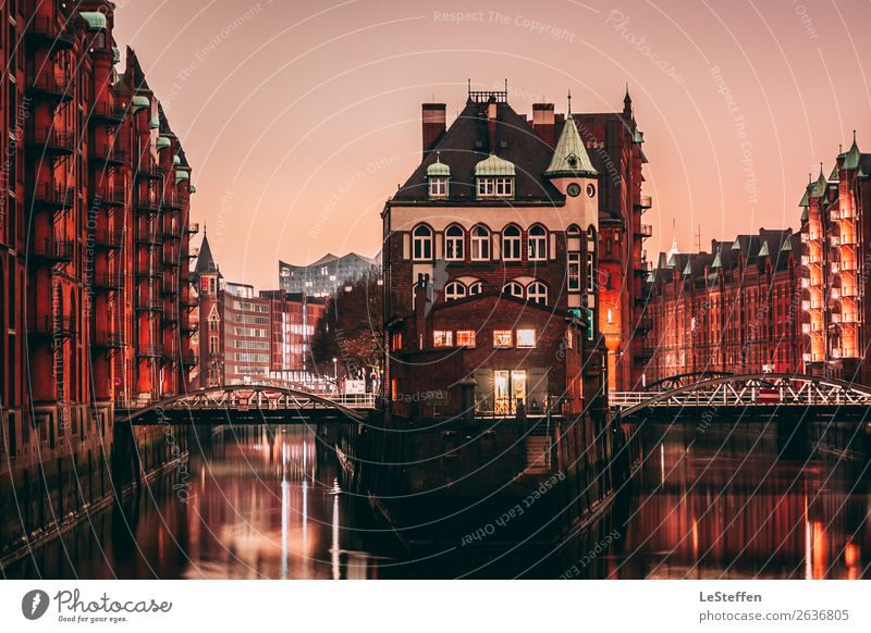 Moated Castle Speicherstadt Hamburg Town Downtown Old town Deserted House (Residential Structure) Dream house Factory Bridge Architecture Tourist Attraction
