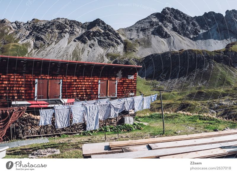 Drying laundry in a mountain hut Vacation & Travel Adventure Mountain Hiking Nature Landscape Summer Beautiful weather Alps Hut Hang Fresh Natural Loneliness