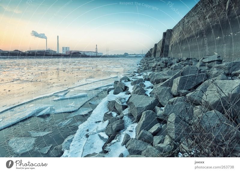 icebreaker Water Sky Beautiful weather River bank Industrial plant Stone Old Cold Jetty quay wall Ice sheet Colour photo Exterior shot Deserted Evening Twilight