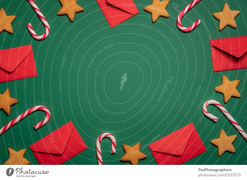 Background with envelopes, lollipops and gingerbread cookies Dessert Winter Feasts & Celebrations Christmas & Advent Green Red Tradition above view background
