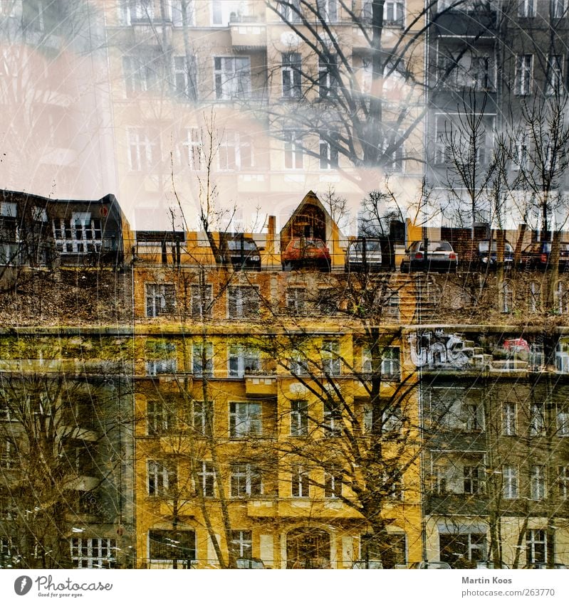 double house House (Residential Structure) Building Facade Window Door Roof Car Exceptional Yellow Esthetic Chaos Old building Double exposure Colour photo