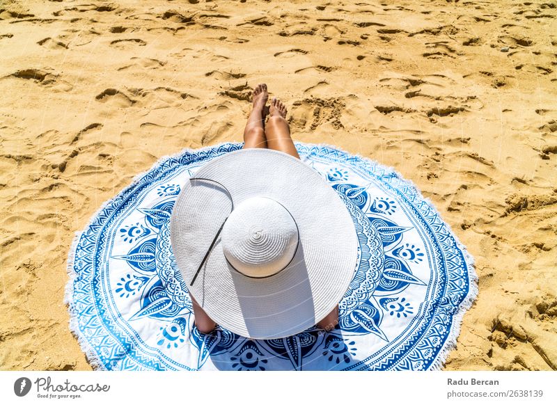 Young Woman With White Hat Relaxing On Ocean Beach Sand Youth (Young adults) Girl Fashion Beautiful Vacation & Travel Beauty Photography Portrait photograph