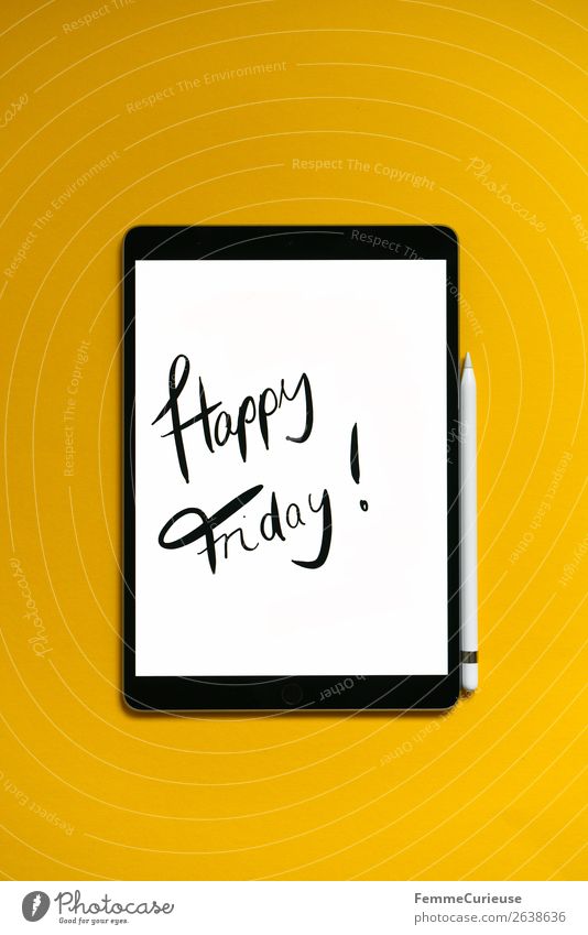 Tablet with a handwritten "Happy Friday!" on yellow background Technology Entertainment electronics Communicate Tablet computer Weekend Yellow Handwriting