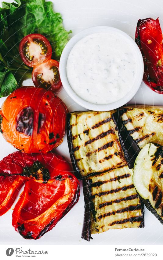 Delicious grilled vegetables on a white plate Food Dairy Products Vegetable Lettuce Salad Nutrition Lunch Dinner Buffet Brunch Picnic Organic produce