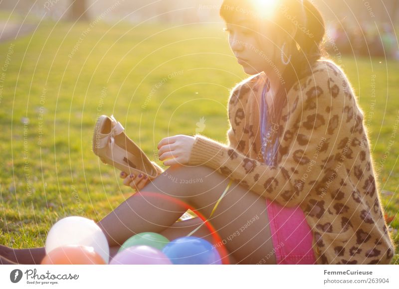 Spring Spring Spring II Young woman Youth (Young adults) Woman Adults Legs 1 Human being Relaxation Park BBQ season Spring fever Footwear Balloon Meadow Sit