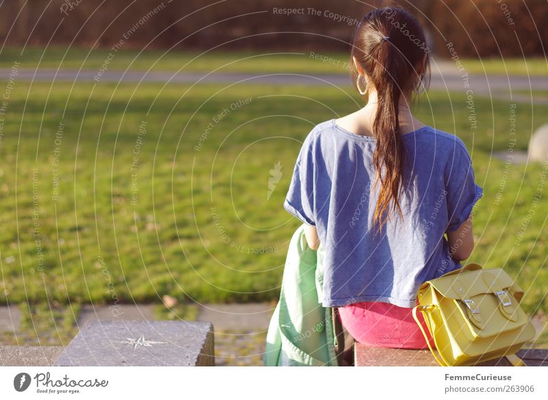 Jumping Spring IV Young woman Youth (Young adults) Woman Adults Back 1 Human being 13 - 18 years Child 18 - 30 years Relaxation Bag Yellow Coat Green Blue Pink