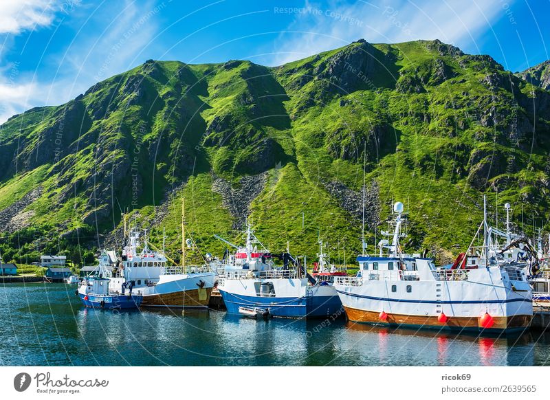 Fishing boats in Lofoten, Norway Relaxation Vacation & Travel Summer Ocean Mountain Environment Nature Landscape Water Clouds Climate Weather Rock Harbour